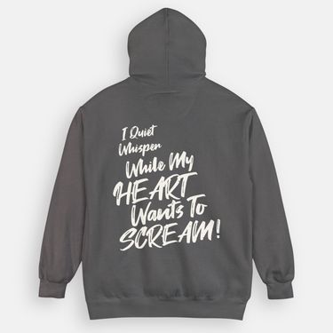 dark gray double layered hoodie Heavyweight cotton fleece fabric with positive paragraph on the back