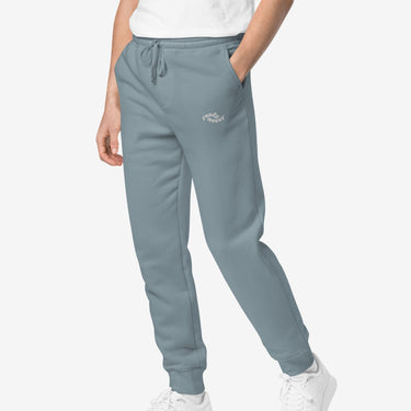 model wearing slate blue with side pockets READY NEVER CALI WASH JOGGERS