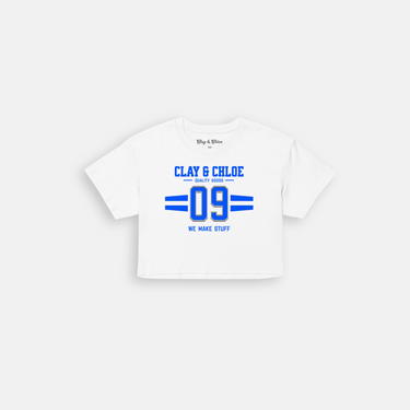 white tee with blue font clay and Chloe crop top logo 