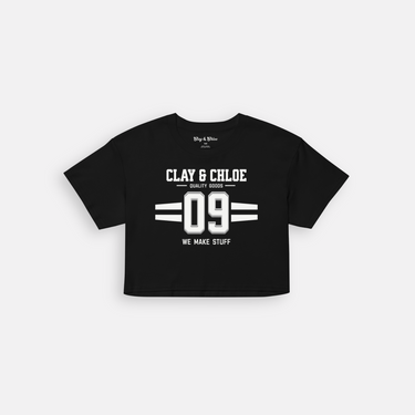 black crop top with white font Clay and Chloe logo