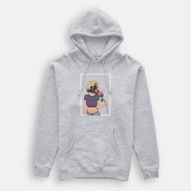 oversized heather gray cotton hoody with kangaroo front pockets with graphic photo of a woman wearing a face mask holding roses