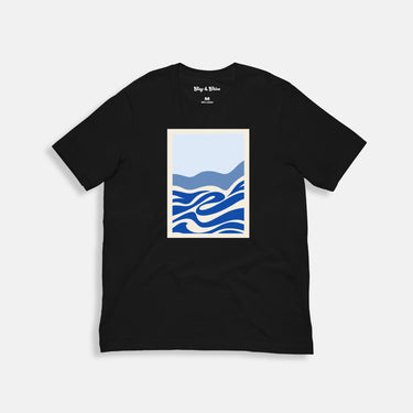 black cotton t-shirt with box logo of abstract blue ocean waves