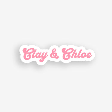 pink Clay & Chloe sticker with white bubble arround