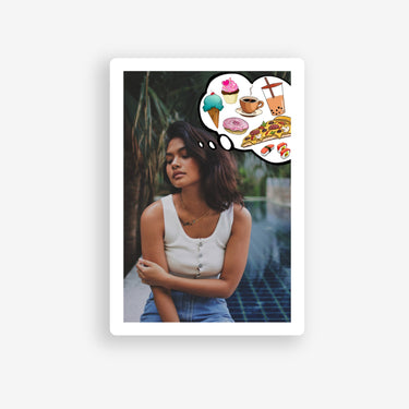 girl day dreaming about food in a comic bubble sticker, cravings, foodie, food for the sould