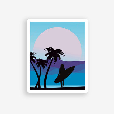 surfer girl sticker, sunset sticker, surfer girl silhouette holding surfboard under palm trees silhouette sticker