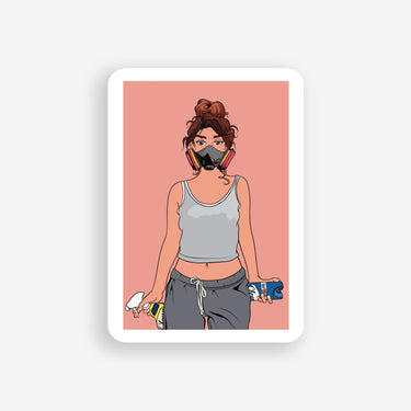 woman in sweats and tank top wearing a face mask holding cleaning products sticker