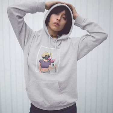 heather gray cotton hoody with kangaroo front pockets with graphic photo of a woman wearing a full gas mask holding roses