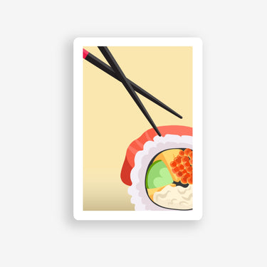 sushi roll sticker, sushi and chopsticks sticker yellow background and white frame around