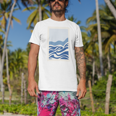 white cotton t-shirt with box logo of abstract ocean waves on model