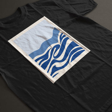 black cotton t-shirt with box logo of abstract ocean waves