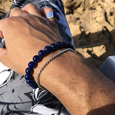 STERLING SILVER BOX CHAIN BRACELET paired with blue lapis lazuli bead bracelet for men