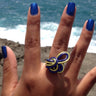 Dark blue and light green color anodized aluminum wire wrap ring. 
