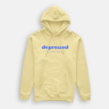 yellow hoodie mental awareness with letter graphics on front