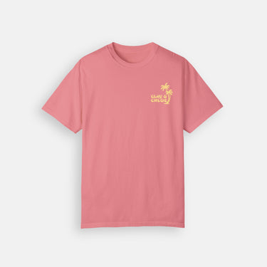 light pink clay and Chloe logo with palm tee shirt