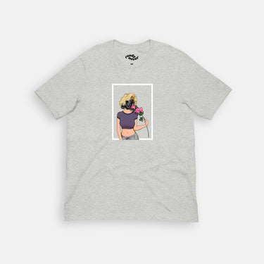 gray box logo t-shirt of woman in mask smelling roses