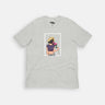 gray box logo t-shirt of woman in mask smelling roses