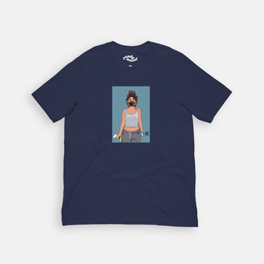 blue cotton t-shirt with light blue box and woman wearing mask and cleaning products in hand