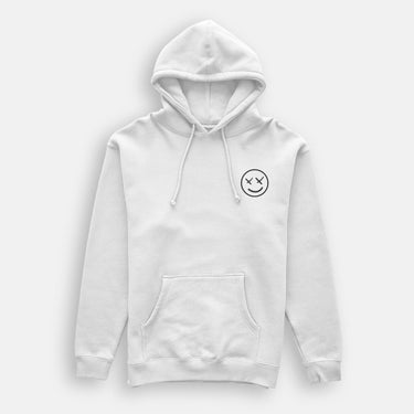 smiley face with x eyes on white hoody