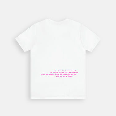 white cotton t-shirt with paragraph letter text off centered on lower back of shirt