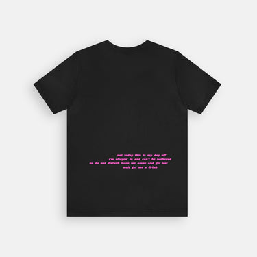 black cotton t-shirt with paragraph letter text off centered on lower back of shirt