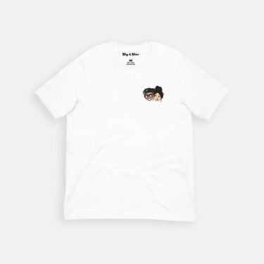 clay and Chloe white tee with character logo on the chest