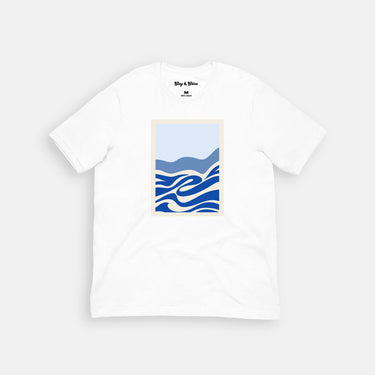 white shirt with abstract ocean waves on the front