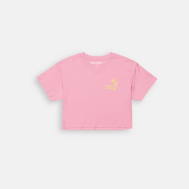 pink crop top with yellow font clay and Chloe logo with palm tree