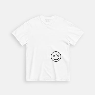 x eyes smiley face on the front of a white shirt