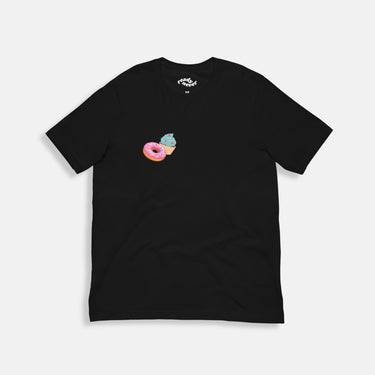 donut and cupcake graphic on black cotton t-shirt 