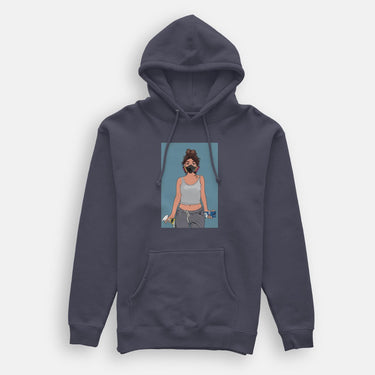 box logo hoody with graphics, a woman wearing a mask holding cleaning products