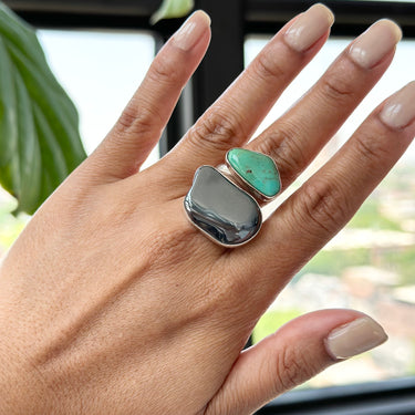 one of a kind TURQUOISE and HEMATITE RING sterling silver