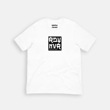 white graphic tee with box logo ready never