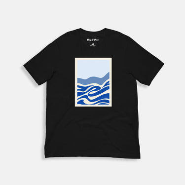 black tee shirt with abstract ocean waves on the front