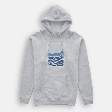 heather gray hoody with box logo of abstract ocean print