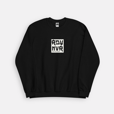 black crewneck sweatshirt with rdy nvr box logo inactive wear