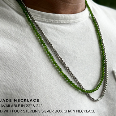 4mm BEAD NECKLACE WITH JADE on model paired with sterling silver box chain