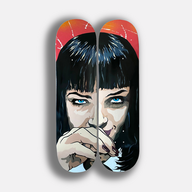 uma Thurman from famous pulp fiction scene hand painted on set of two skateboard for wall art
