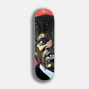 Samuel l Jackson from pulp fiction movie hand painted on skateboard for wall art