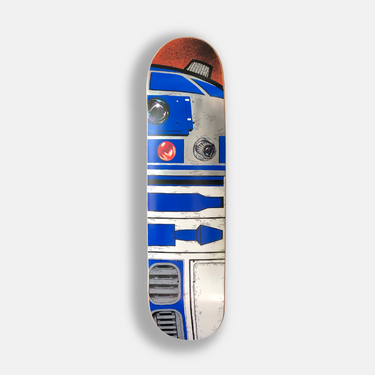 r2-d2 hand painted on skateboard for wall art