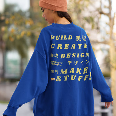 royal blue sweatshirt with paragraph sayings on the back with Chinese font