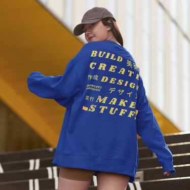 encouraging phrase on the back of a royal blue sweatshirt 