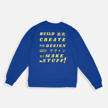 royal blue sweatshirt with paragraph sayings on the back mixed with Chinese font