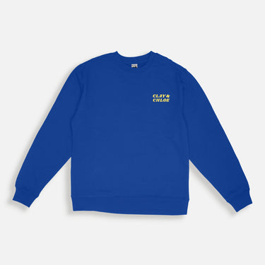 royal blue sweatshirt with clay and Chloe logo