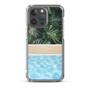 monstera plant and beach sand and blue water iPhone 15 pro clear case