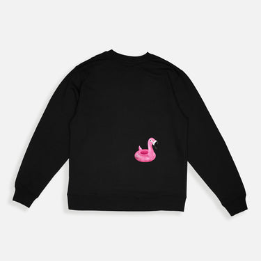flamingo on the back of black sweatshirt