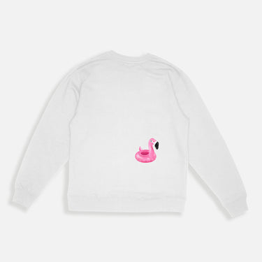 floaty flamingo on the back of white sweatshirt