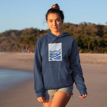 model wearing women's comfy hoody with box logo of abstract ocean print 