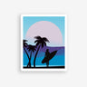 surfer girl sticker, sunset sticker, surfer girl silhouette holding surfboard under palm trees silhouette sticker