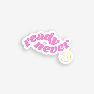 pink white yellow retro sticker, ready never pink and yellow smiley face with x eyes sticker