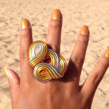 Gold, light green, and silver color anodized aluminum wire wrap ring.